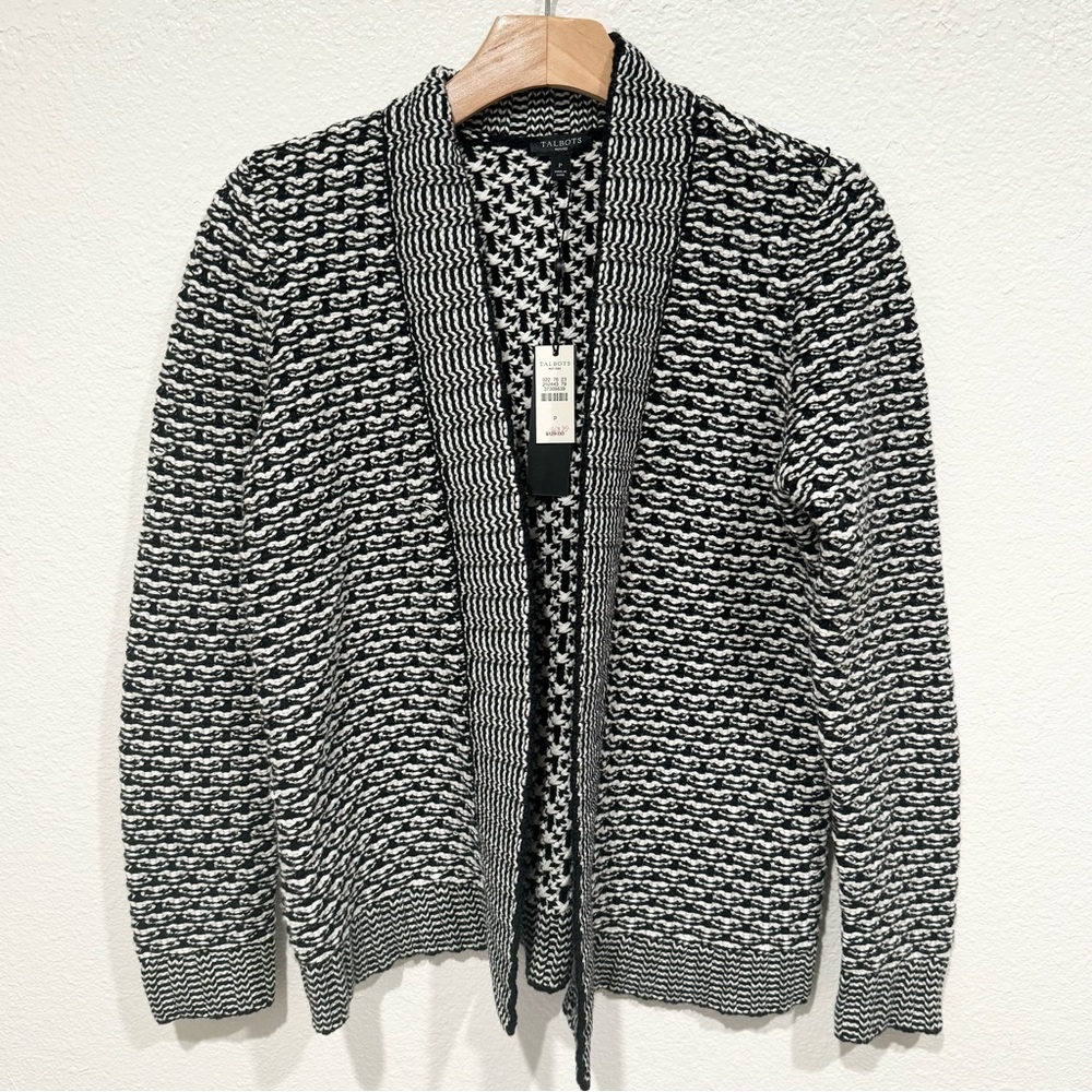 NWT talbots black white chunky knit open long cardigan sweater cotton wool